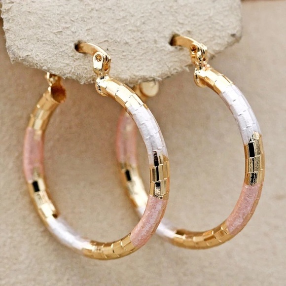 Tri Tone Classy Diamond Cut Hoop Earrings Ear Ring - Picture 4 of 5
